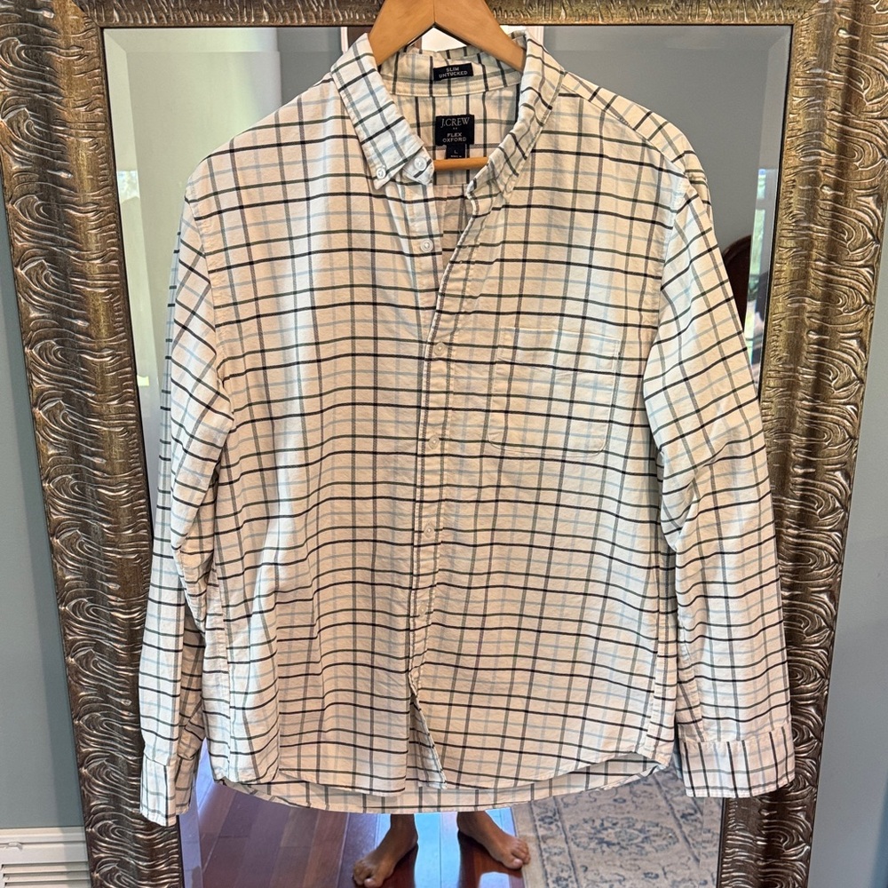 J. Crew White and Blue Plaid Casual Button Down Shirt